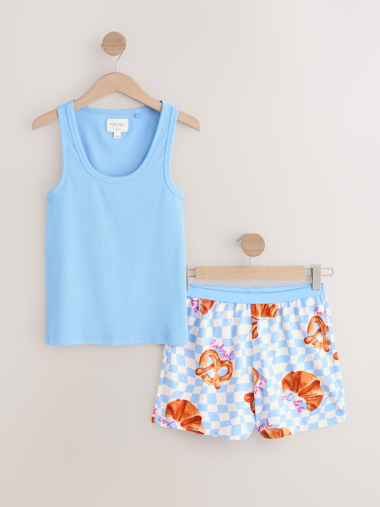 Blue Croissant Cotton Rib Vest Short Set Pyjamas - Image 7 of 9