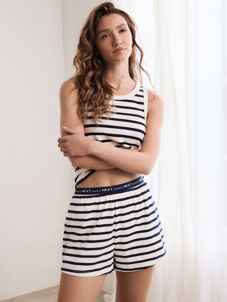 Ecru/Navy Stripe Rib Vest Short Set Pyjamas - Image 2 of 5