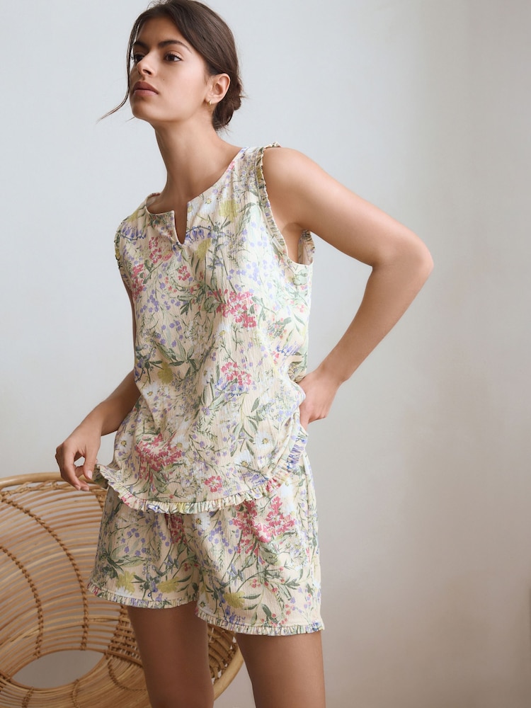 Cream Floral Textured Vest Short Set Pyjamas - Image 2 of 10