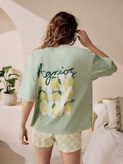 Sage Green Lemons 100% Cotton Graphic Short Sleeve Pyjamas - Image 1 of 10