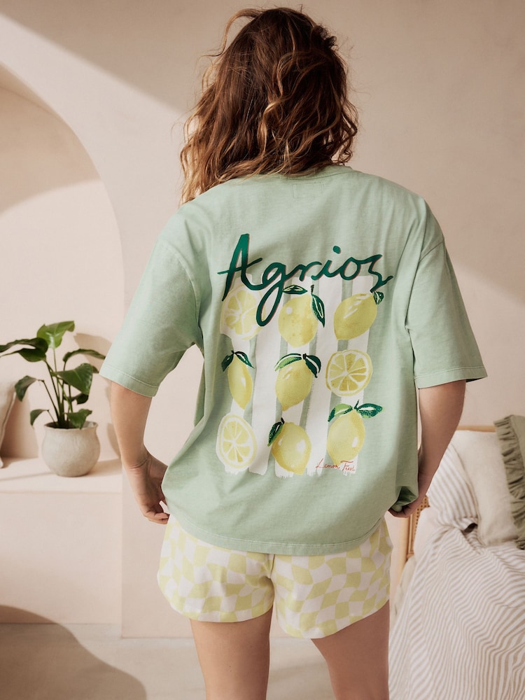 Sage Green Lemons 100% Cotton Graphic Short Sleeve Pyjamas - Image 6 of 10
