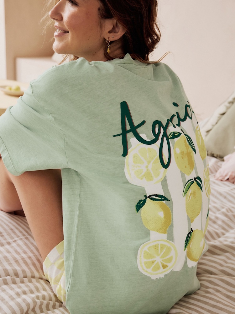 Sage Green Lemons 100% Cotton Graphic Short Sleeve Pyjamas - Image 7 of 10