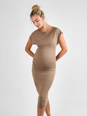 JoJo Maman Bébé Mocha Ruched Side Maternity Bodycon Midi Dress - Image 2 of 5