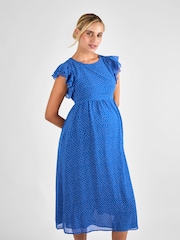 JoJo Maman Bébé Blue Spot Frill Sleeve Maternity Midi Dress - Image 1 of 4
