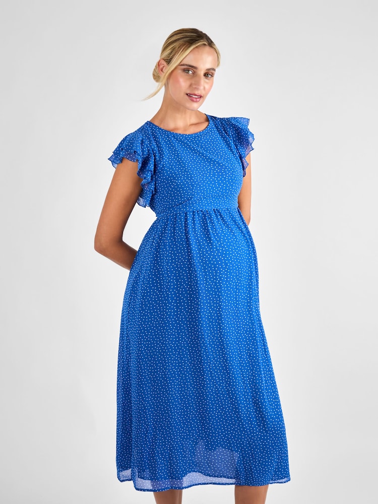 JoJo Maman Bébé Blue Spot Frill Sleeve Maternity Midi Dress - Image 1 of 4