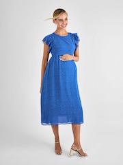 JoJo Maman Bébé Blue Spot Frill Sleeve Maternity Midi Dress - Image 3 of 4