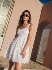 White Embroidered Tiered 100% Cotton Mini Dress - Image 1 of 8