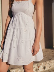 White Embroidered Tiered 100% Cotton Mini Dress - Image 5 of 8
