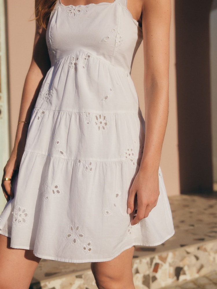 White Embroidered Tiered 100% Cotton Mini Dress - Image 5 of 8