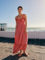 Pink/Red 100% Cotton Textured Tiered Gingham Maxi Dress - Image 1 of 10