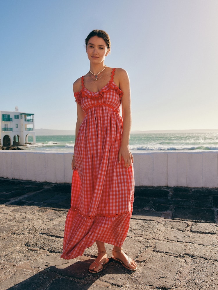 Pink/Red 100% Cotton Textured Tiered Gingham Maxi Dress - Image 1 of 10