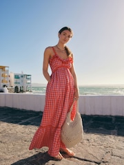 Pink/Red 100% Cotton Textured Tiered Gingham Maxi Dress - Image 2 of 10