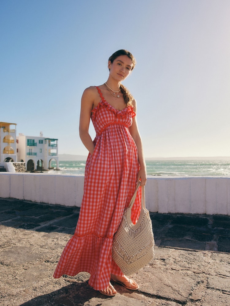 Pink/Red 100% Cotton Textured Tiered Gingham Maxi Dress - Image 2 of 10