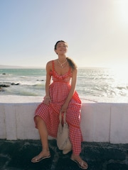 Pink/Red 100% Cotton Textured Tiered Gingham Maxi Dress - Image 3 of 10