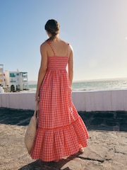 Pink/Red 100% Cotton Textured Tiered Gingham Maxi Dress - Image 4 of 10