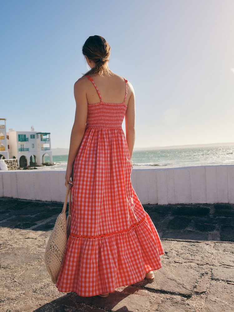 Pink/Red 100% Cotton Textured Tiered Gingham Maxi Dress - Image 4 of 10