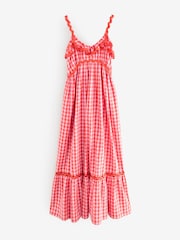 Pink/Red 100% Cotton Textured Tiered Gingham Maxi Dress - Image 6 of 10