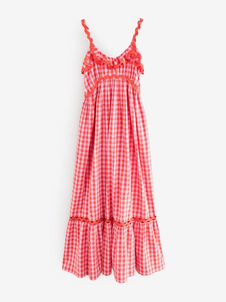 Pink/Red 100% Cotton Textured Tiered Gingham Maxi Dress - Image 6 of 10