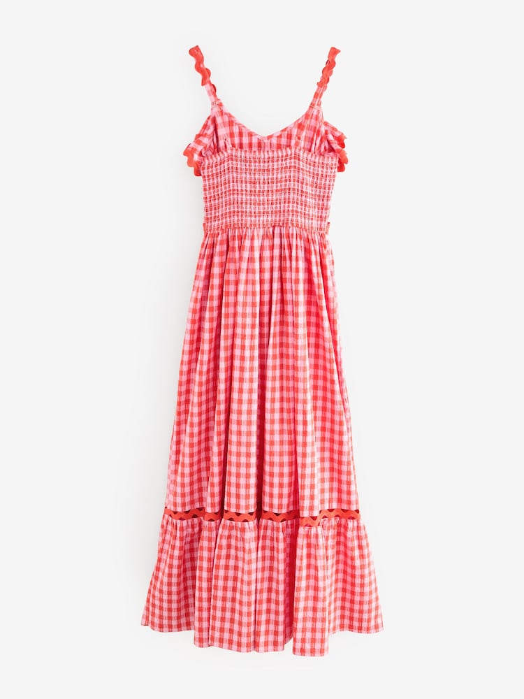 Pink/Red 100% Cotton Textured Tiered Gingham Maxi Dress - Image 7 of 10