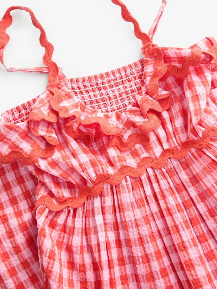 Pink/Red 100% Cotton Textured Tiered Gingham Maxi Dress - Image 8 of 10