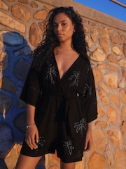 Black Sequin Palm Detail Playsuit - Image 1 of 7