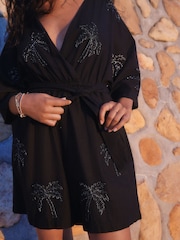 Black Sequin Palm Detail Playsuit - Image 2 of 7