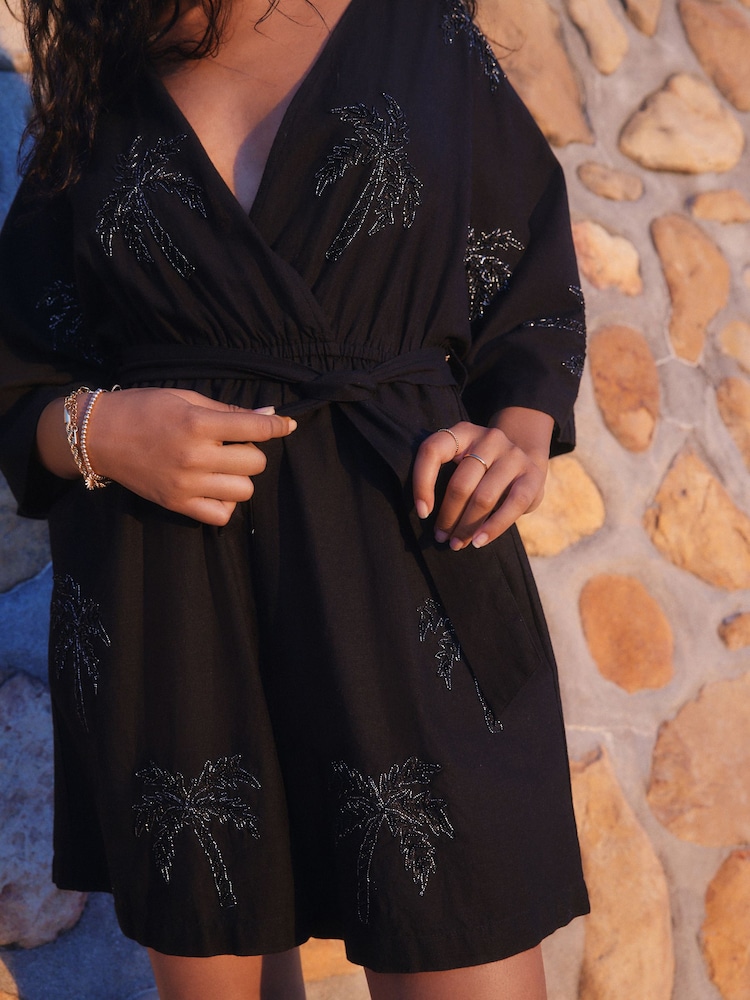 Black Sequin Palm Detail Playsuit - Image 2 of 7