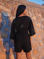 Black Sequin Palm Detail Playsuit - Image 3 of 7