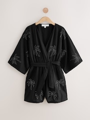 Black Sequin Palm Detail Playsuit - Image 5 of 7