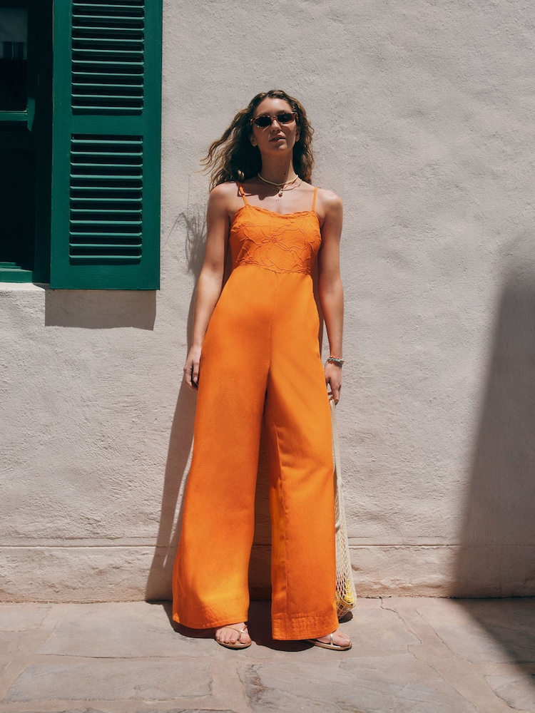 Orange Cornelli Wide Leg Jumpsuit With Linen - Image 1 of 7