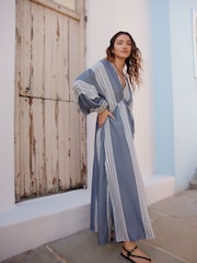 White/Blue Maxi Long Sleeve Kaftan Cover-Up - Image 1 of 8