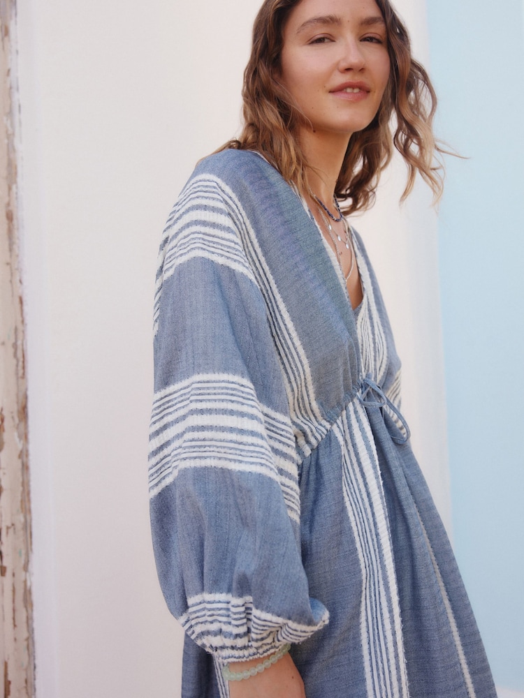 White/Blue Maxi Long Sleeve Kaftan Cover-Up - Image 2 of 8