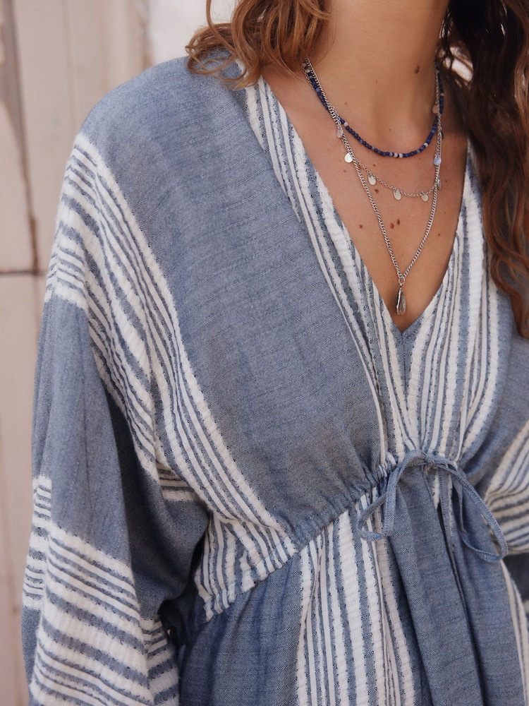 White/Blue Maxi Long Sleeve Kaftan Cover-Up - Image 4 of 8