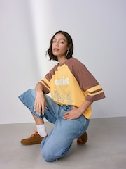 Yellow/Brown Official Oasis License Raglan Elbow Colour Block Graphic T-Shirt - Image 2 of 8