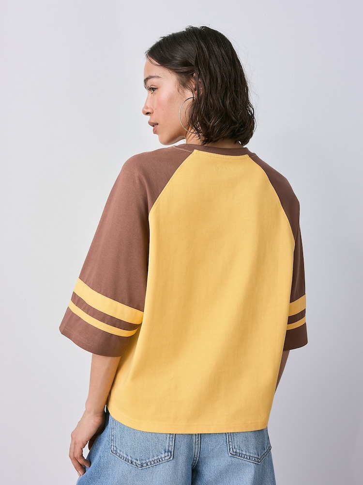 Yellow/Brown Official Oasis License Raglan Elbow Colour Block Graphic T-Shirt - Image 4 of 8