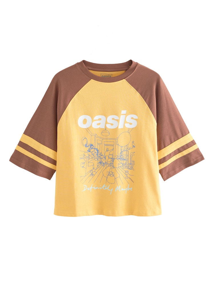 Yellow/Brown Official Oasis License Raglan Elbow Colour Block Graphic T-Shirt - Image 6 of 8
