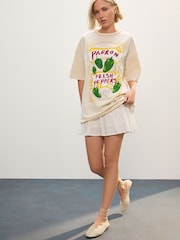 Ecru Stone Padron Peppers Fun Graphic Oversized Knit Trim Neck Detail Short Sleeve Crew Neck T-Shirt - Image 2 of 7