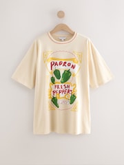 Ecru Stone Padron Peppers Fun Graphic Oversized Knit Trim Neck Detail Short Sleeve Crew Neck T-Shirt - Image 7 of 7