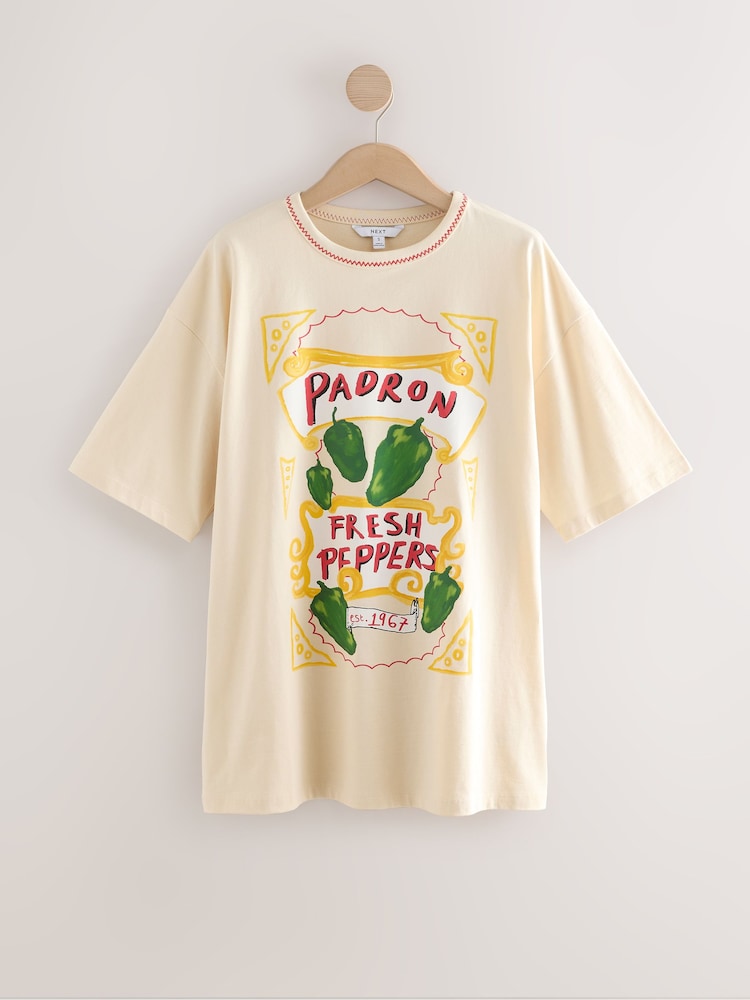 Ecru Stone Padron Peppers Fun Graphic Oversized Knit Trim Neck Detail Short Sleeve Crew Neck T-Shirt - Image 7 of 7