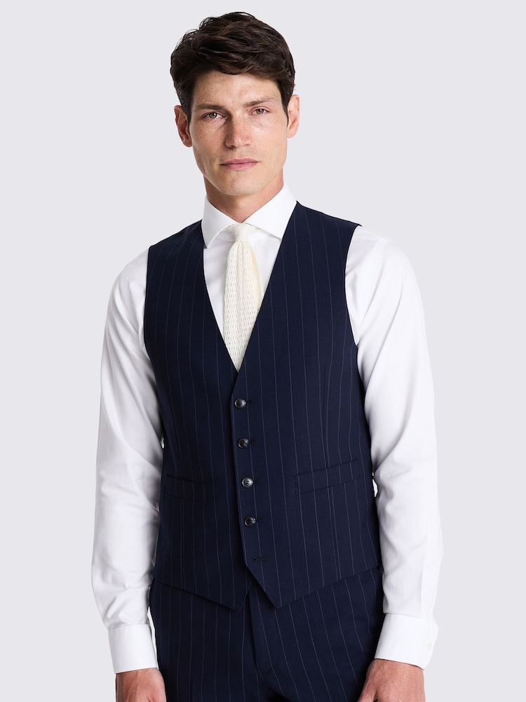 MOSS Blue Tailored Fit Stripe Performance Waistcoat - Image 1 of 3 MOSS Blue Tailored Fit Stripe Performance Waistcoat - Image 1 of 3