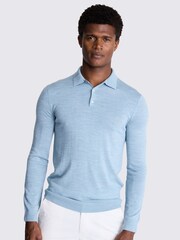 MOSS Blue Floral Merino Polo Shirt - Image 1 of 3