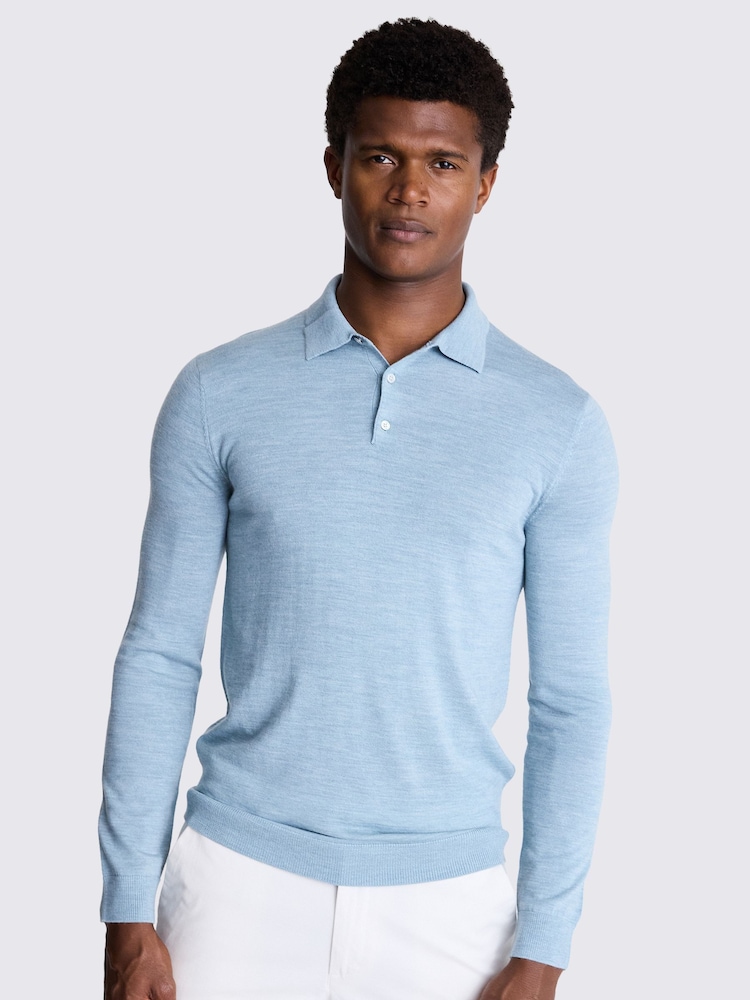 MOSS Blue Floral Merino Polo Shirt - Image 1 of 3