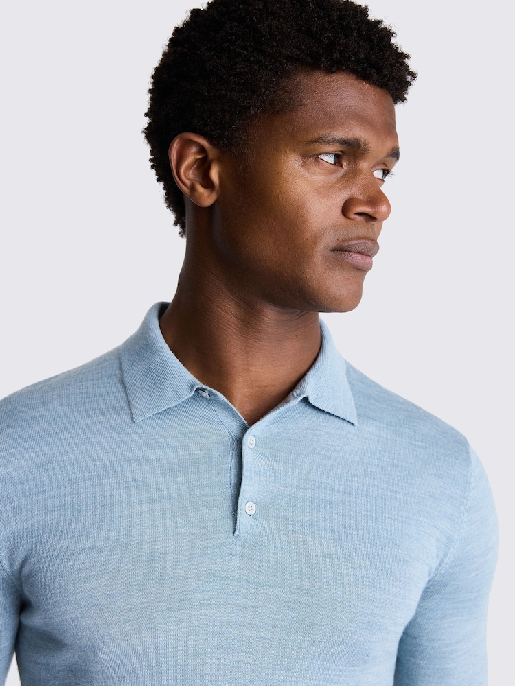 MOSS Blue Floral Merino Polo Shirt - Image 3 of 3