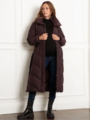 Seraphine Maternity Belted Chevron Puffer Brown Coat - Image 1 of 4