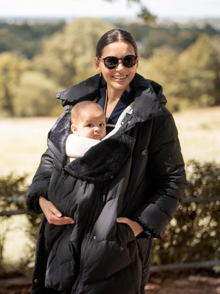 Seraphine Long Chevron Puffer Maternity Black Coat - Image 1 of 4