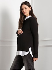 Seraphine Maternity Knit Black Jumper with Woven Undershirt - Image 1 of 8