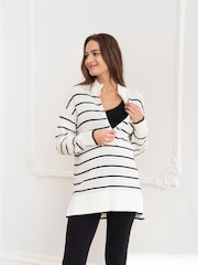 Seraphine Blue Stripe Maternity Funnel Neck Zip-Up 100% Cotton Sweatshirt - Image 1 of 5