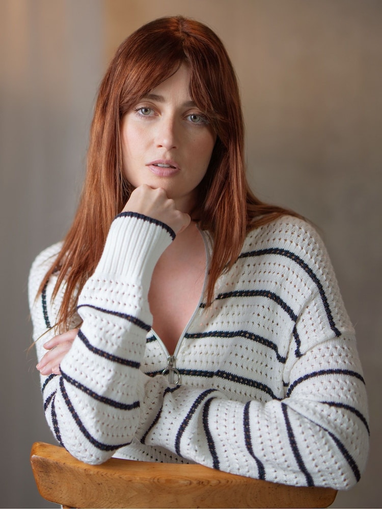 Seraphine Blue Stripe Maternity Funnel Neck Zip-Up 100% Cotton Sweatshirt - Image 1 of 5