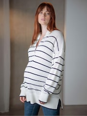 Seraphine Blue Stripe Maternity Funnel Neck Zip-Up 100% Cotton Sweatshirt - Image 2 of 5
