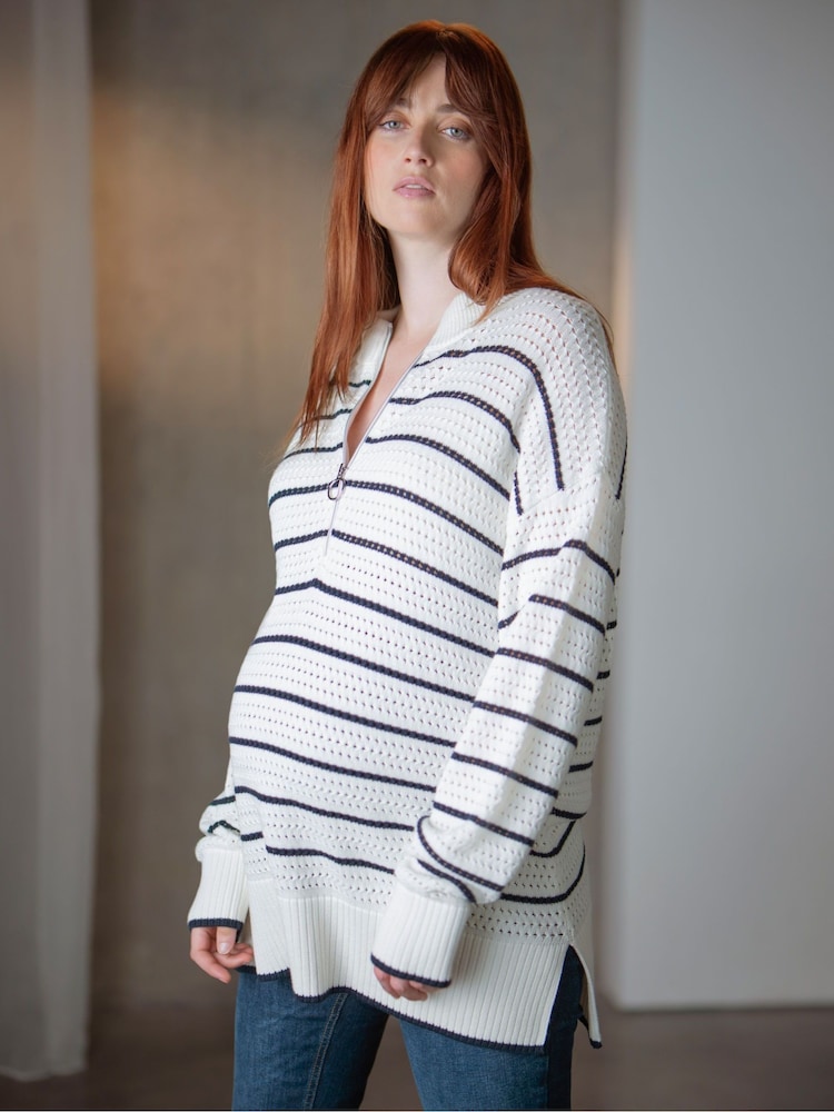 Seraphine Blue Stripe Maternity Funnel Neck Zip-Up 100% Cotton Sweatshirt - Image 2 of 5